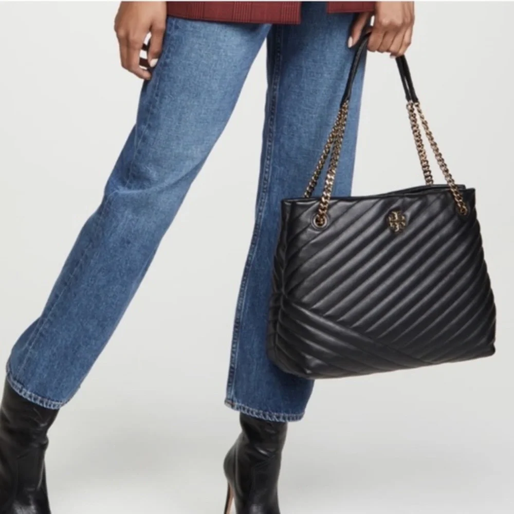 Tory Burch Kira Chevron Tote Bag in Black Quilted Lambskin - Picture 1 of 16